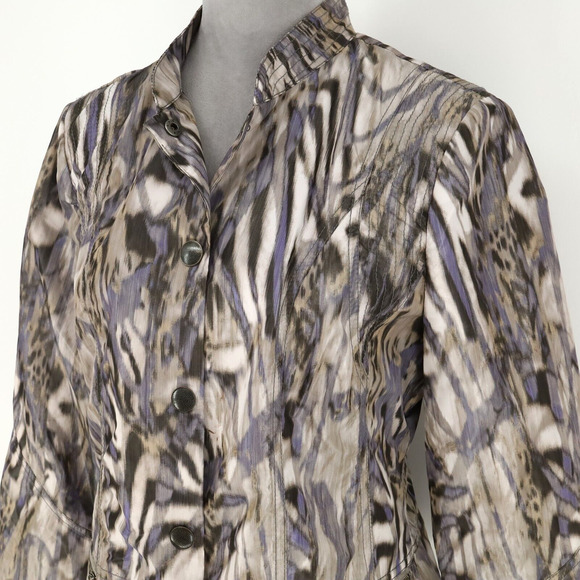 Chicos Jacket 1 Womens Medium 8 Blue Beige Nylon Blazer Ruffle Neck Career - Picture 8 of 15